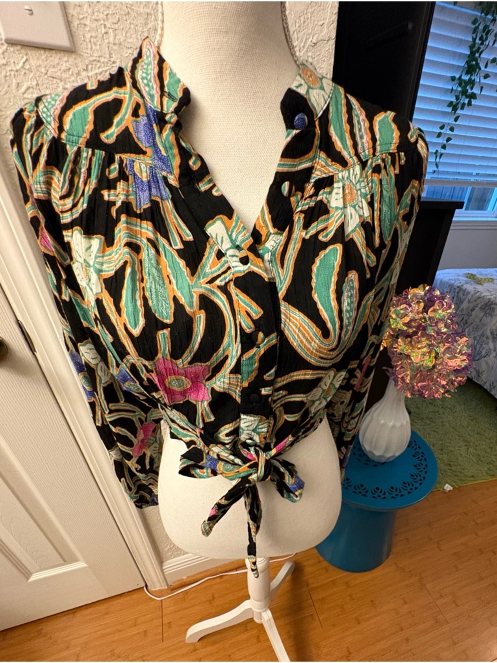 Black Floral Tie-Front Blouse with Multicolor Print